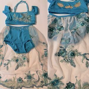 Solo custom dance costume leotard 2 piece teal aqua green rhinestoned MC child